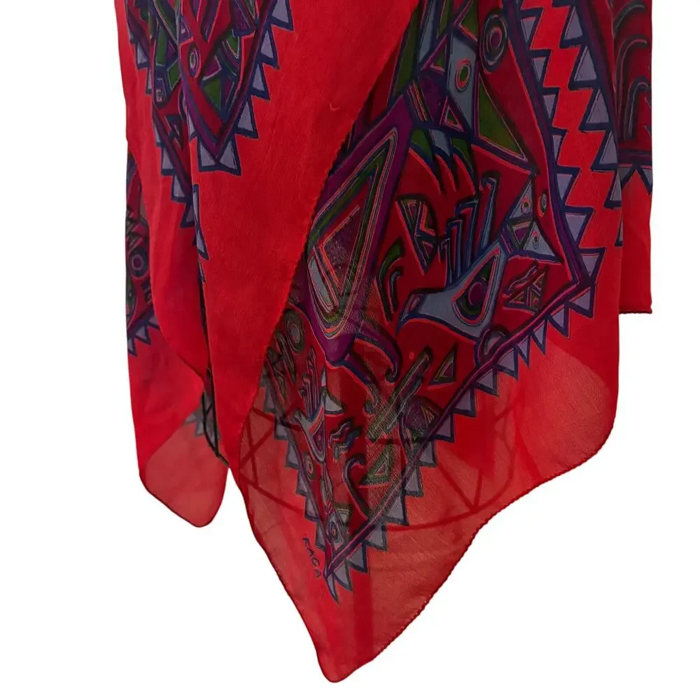 RAGA NY !00% Woven Silk Scarf Wrap Shawl Native Art Southwest Boho Lagenlook